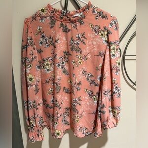 Poppi Coral Pink Floral Long-Sleeve Smock Blouse Size L